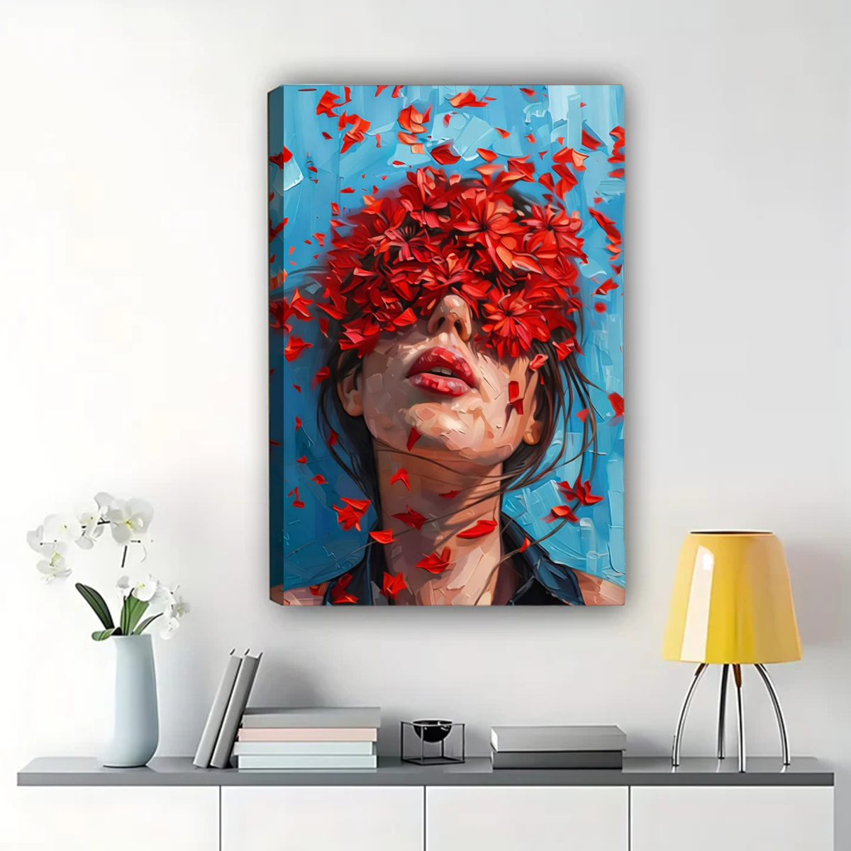Woman with Red Flowers Wall Art - Contemporary Portrait Print