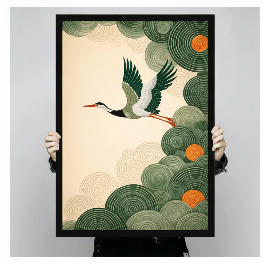 Japanese Crane Flying Green Cloud Decorative Canvas Print