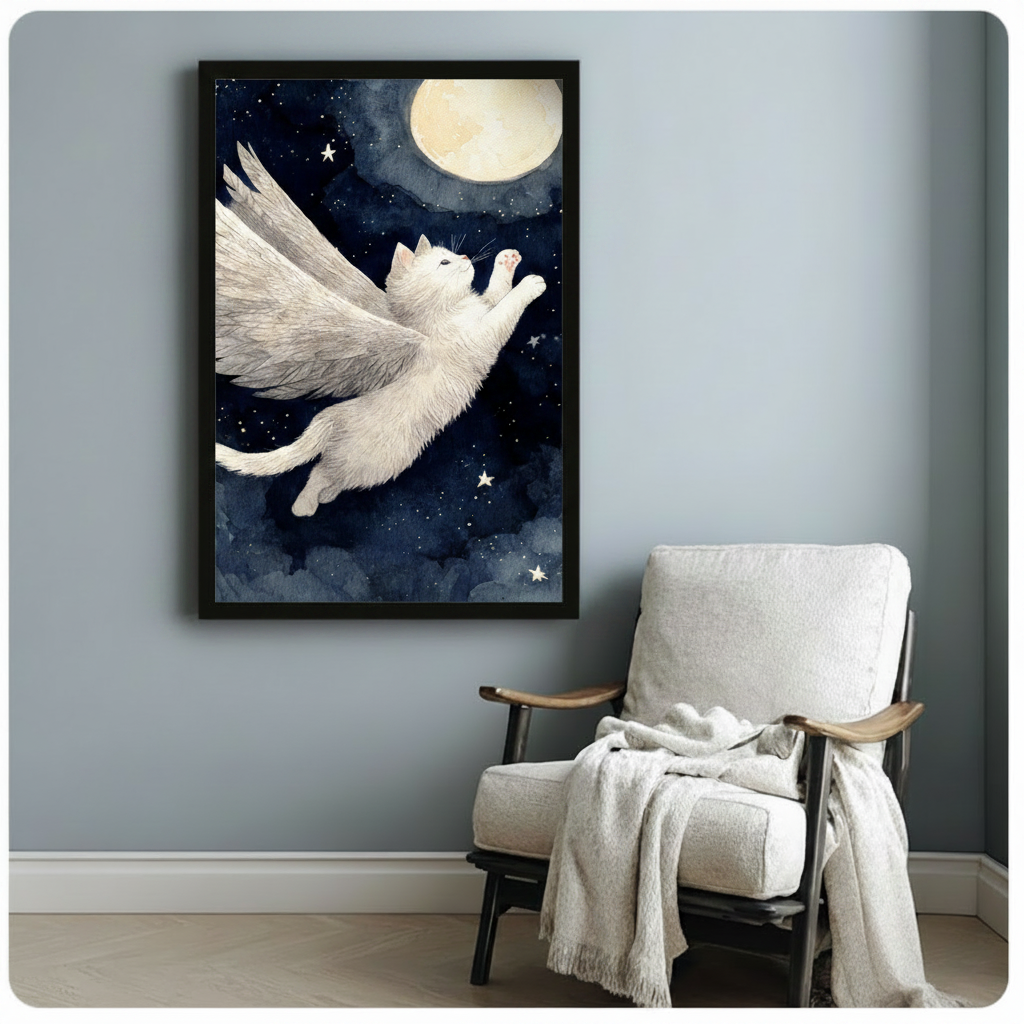 Flying Angel Cat Canvas Wall Art – Dreamy Night Sky