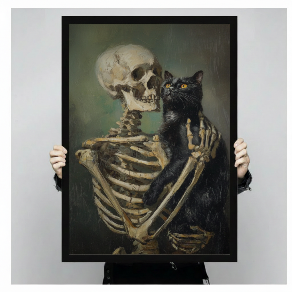 Gothic Skeleton Holding Black Cat Canvas Art Wall Art