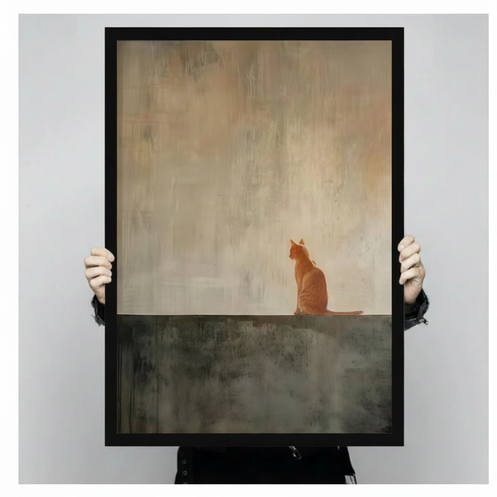 Solitary Orange Cat Minimalist Oil Painting Canvas Print
