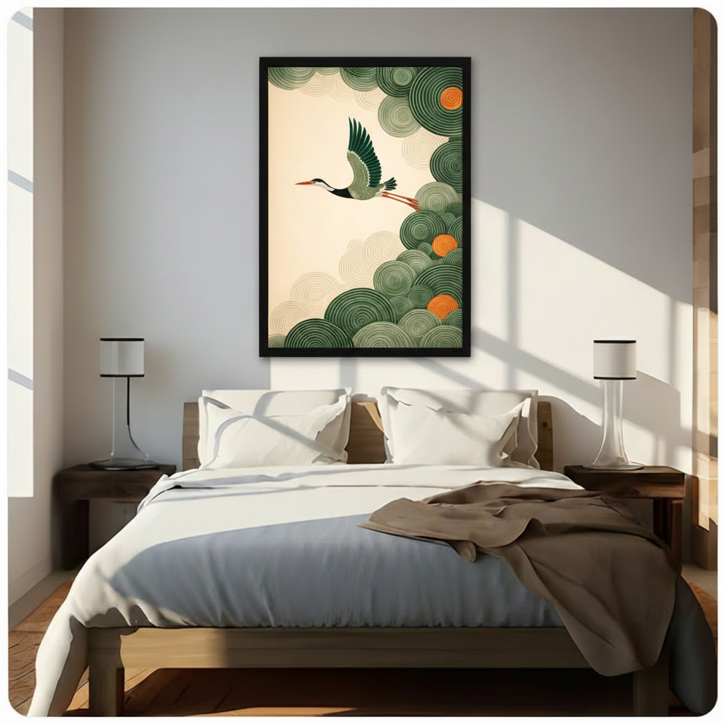 Japanese Crane Flying Green Cloud Decorative Canvas Print