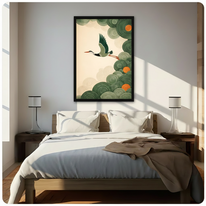 Japanese Crane Flying Green Cloud Decorative Canvas Print