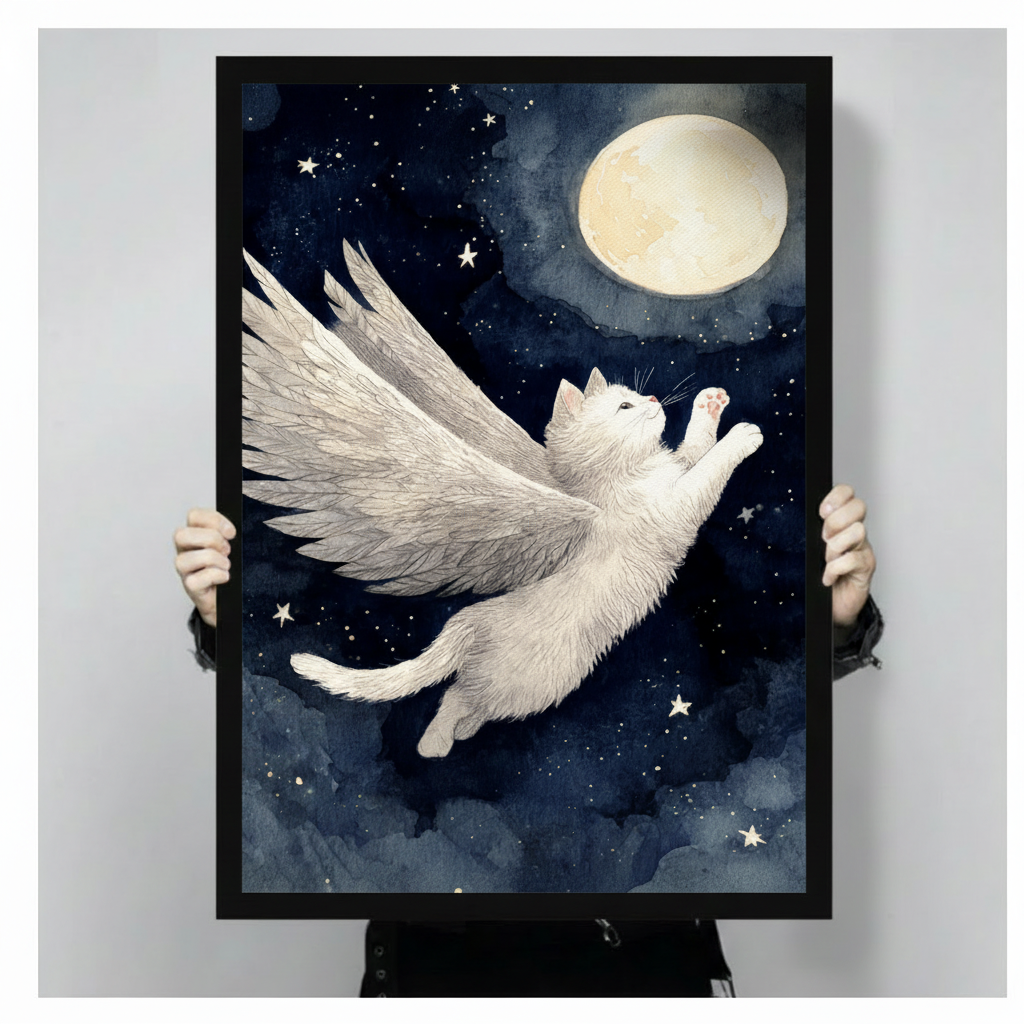 Flying Angel Cat Canvas Wall Art – Dreamy Night Sky