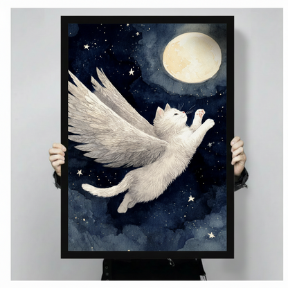 Flying Angel Cat Canvas Wall Art – Dreamy Night Sky
