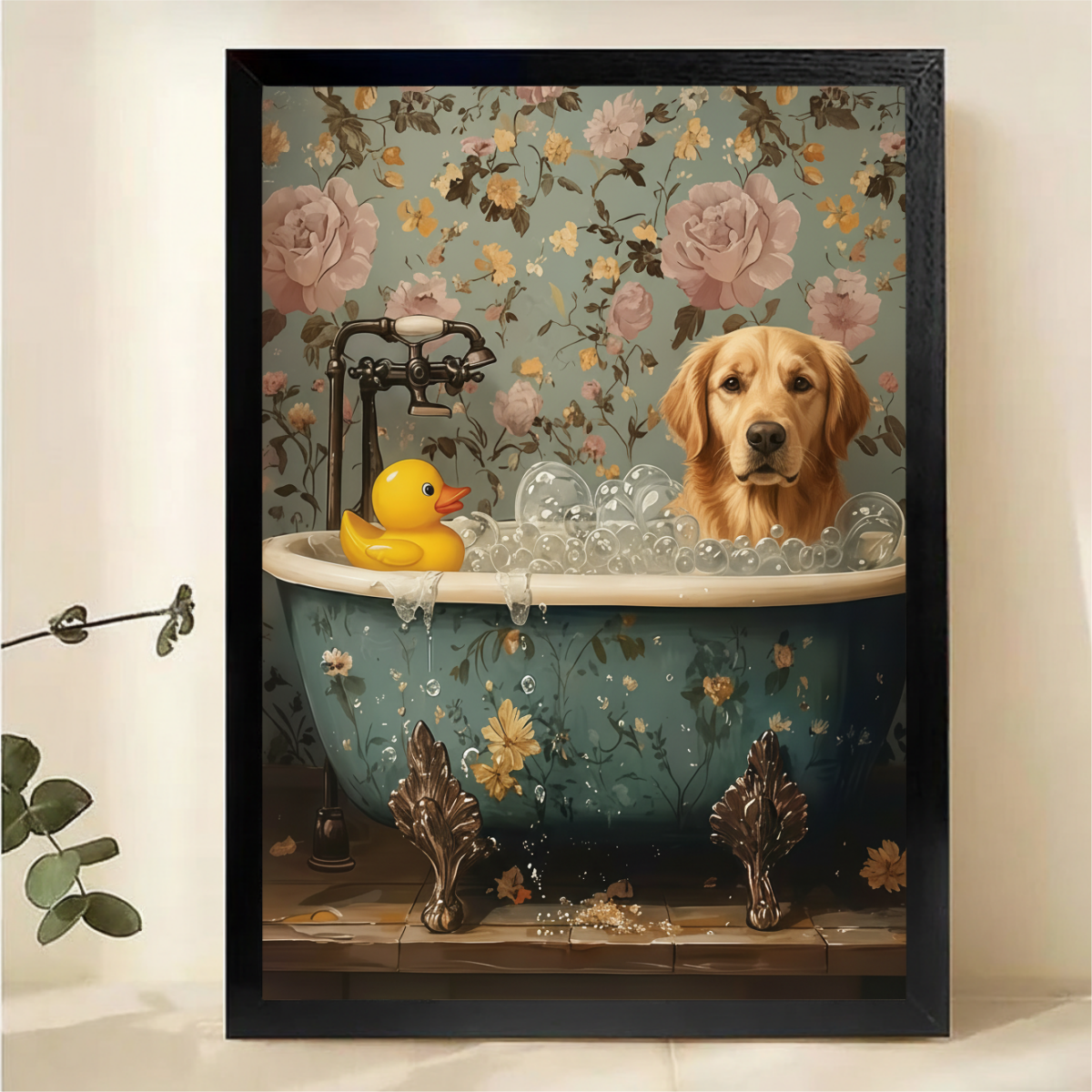 Dog in Bathtub with Rubber Duck Wall Art - Bathroom Decor