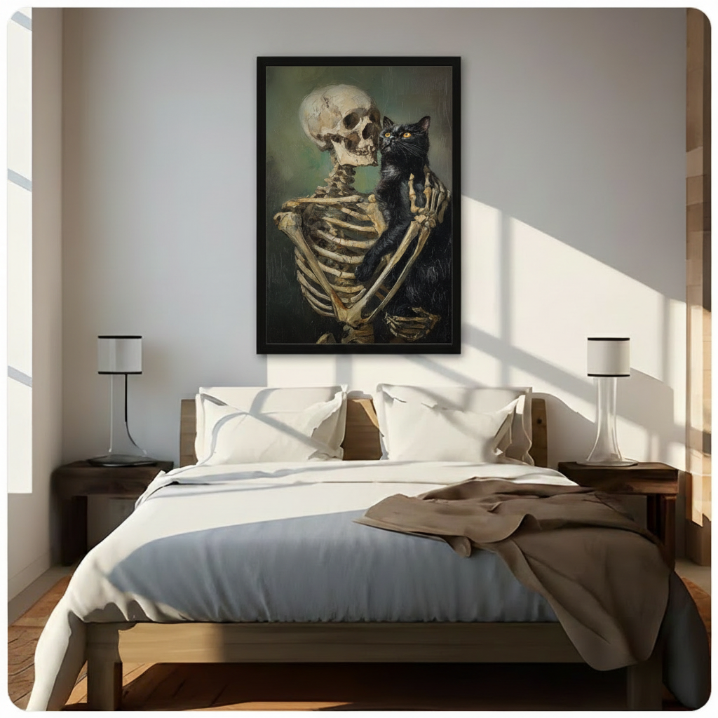 Gothic Skeleton Holding Black Cat Canvas Art Wall Art