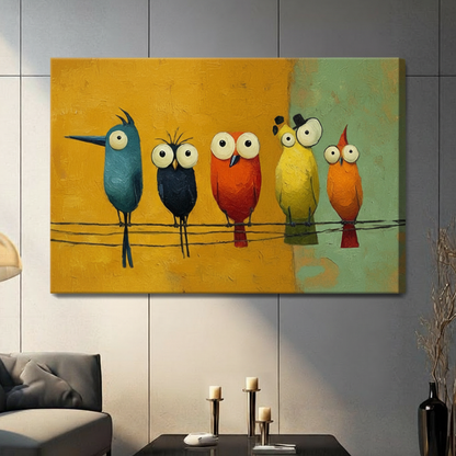 Colorful Cartoon Birds on Wire Canvas Wall Art