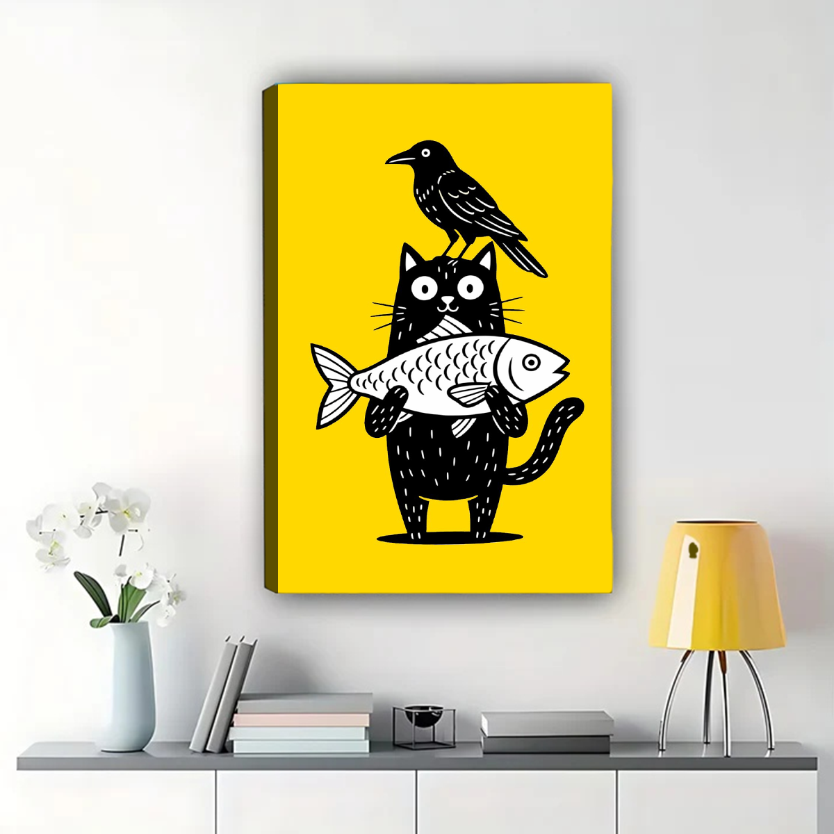 Cat with Fish and Crow Wall Art - Whimsical Yellow Print