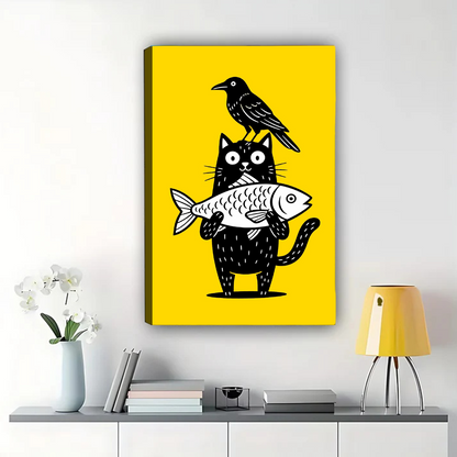 Cat with Fish and Crow Wall Art - Whimsical Yellow Print