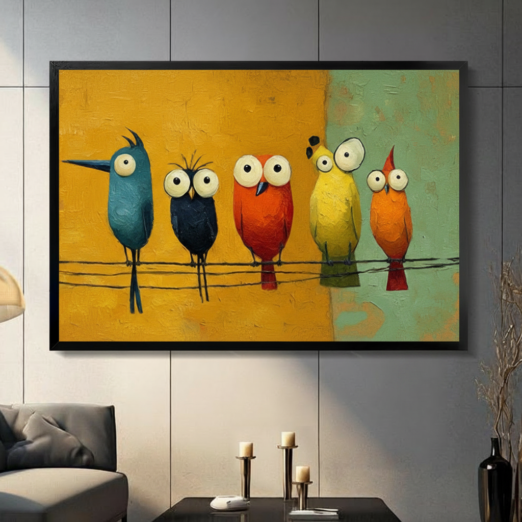 Colorful Cartoon Birds on Wire Canvas Wall Art