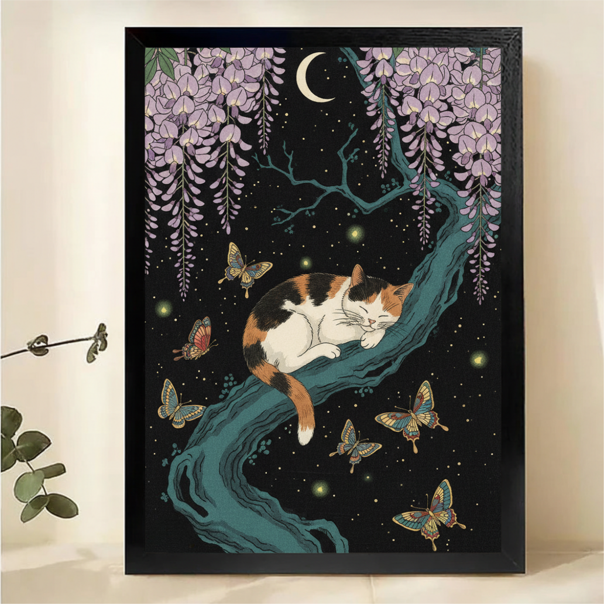 Cat Sleeping on Tree Branch Framed Wall Art - Moonlight Wisteria Print