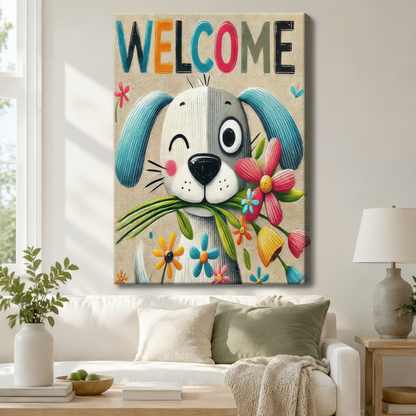 Welcome Dog Floral Colorful Canvas Wall Art