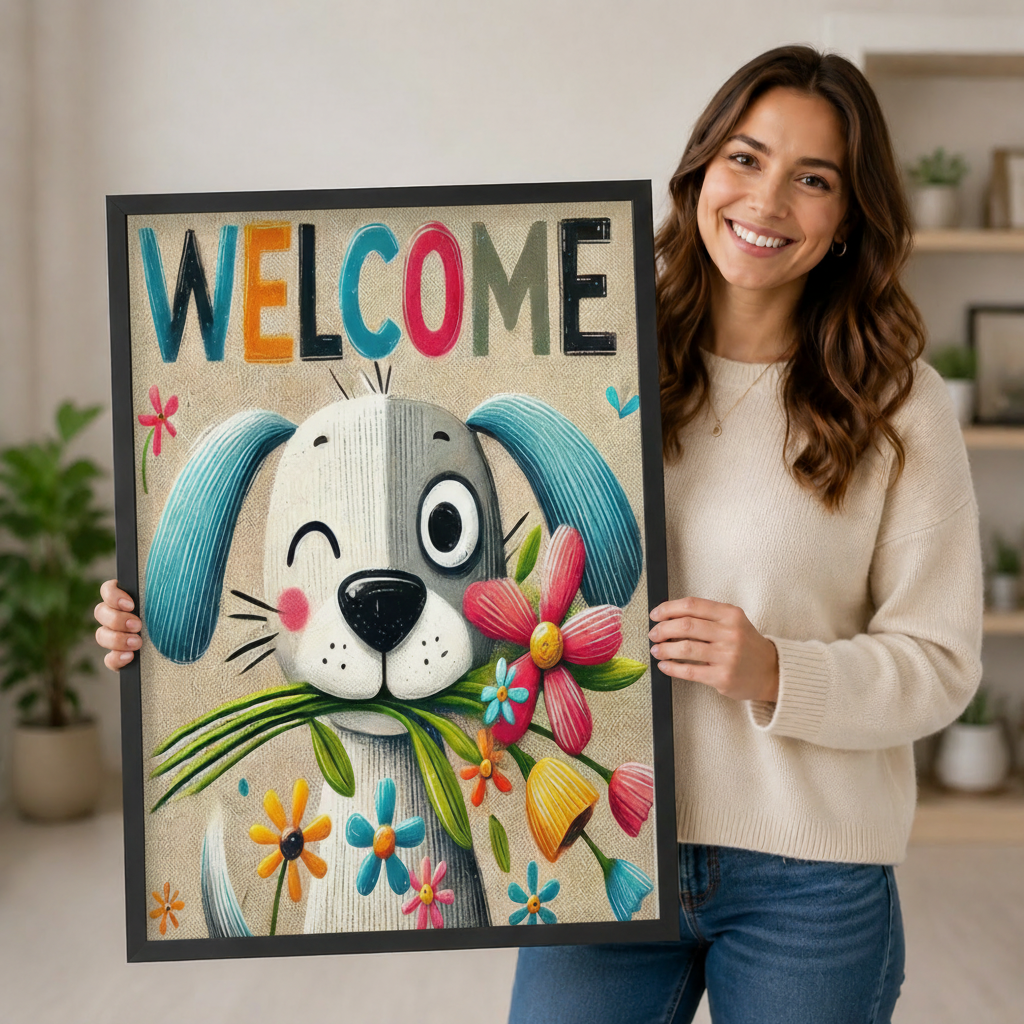 Welcome Dog Floral Colorful Canvas Wall Art