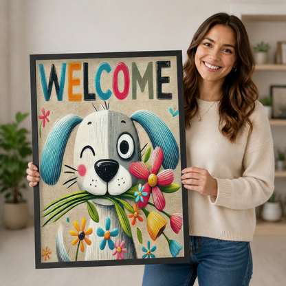 Welcome Dog Floral Colorful Canvas Wall Art