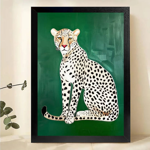 The Sleek Green-Background Leopard – Minimalist Modern Wall Art on Natural Wood Canvas