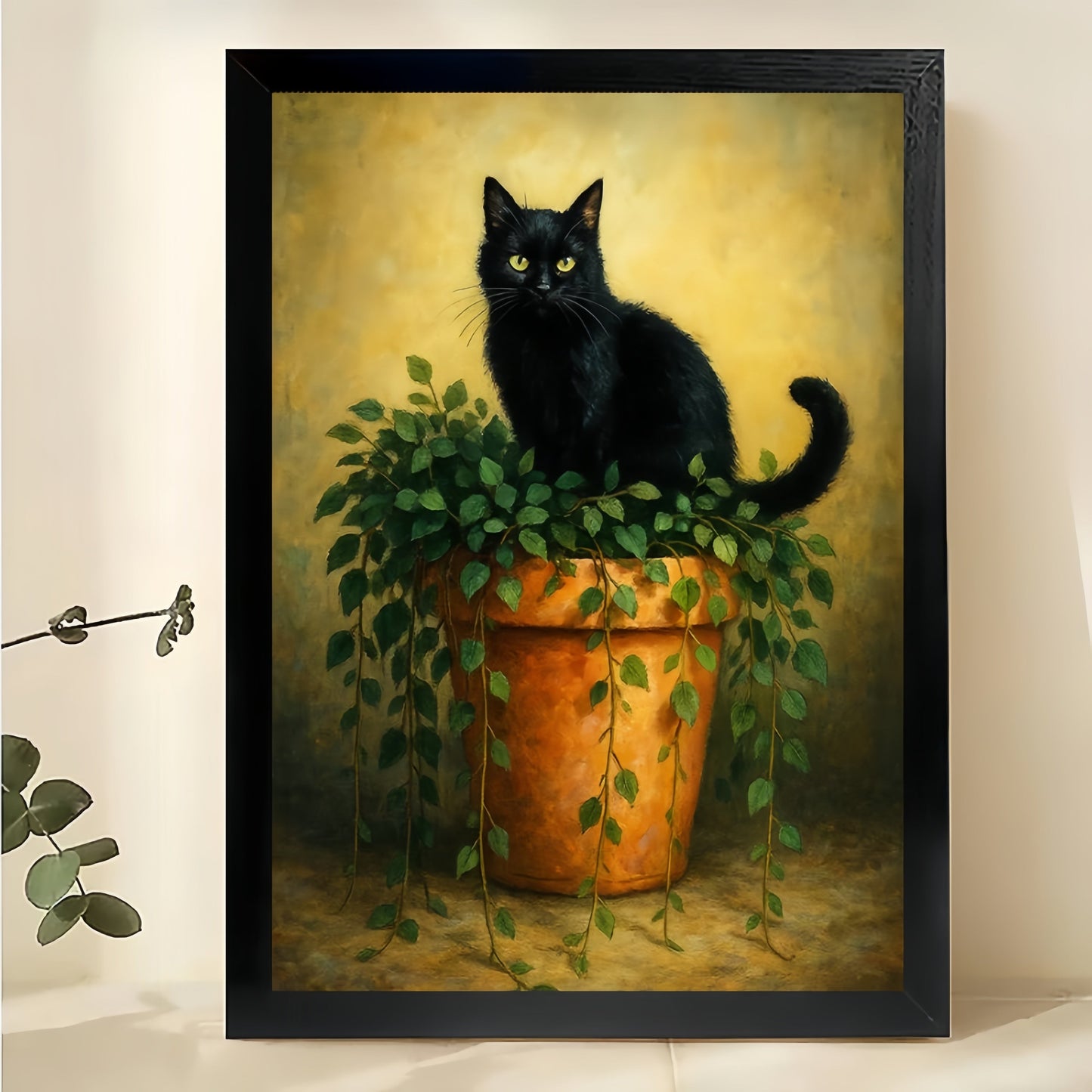 The Black Cat On Potted Plant – Vintage Rustic Wall Art on Natural Wood Canvas