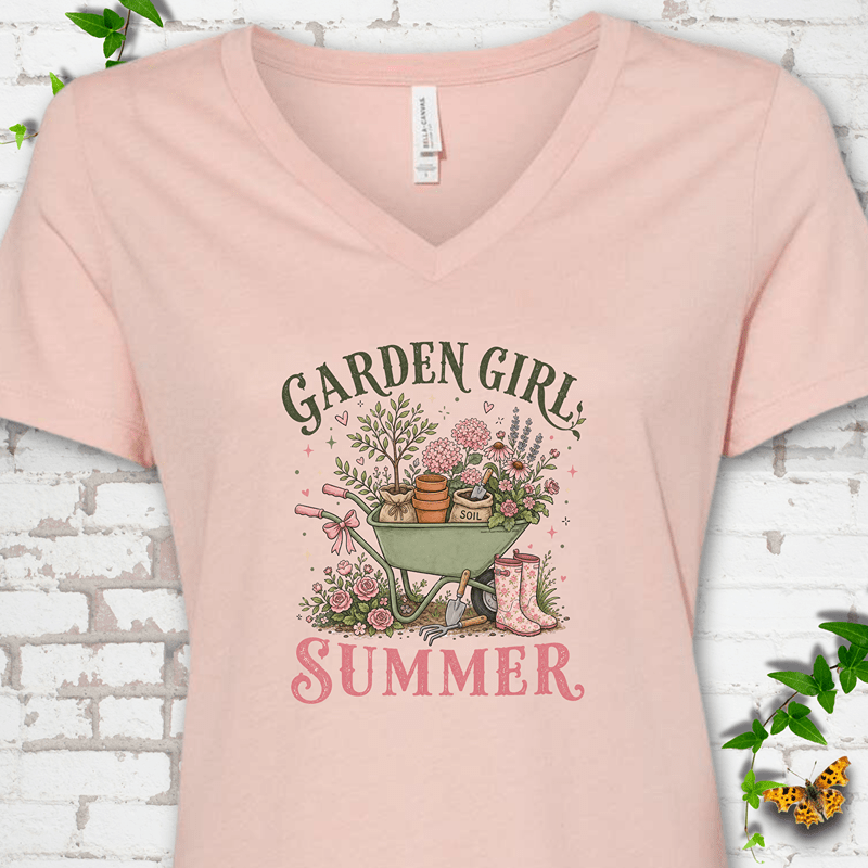 Garden Girl Summer Wheelbarrow V-Neck T-Shirt