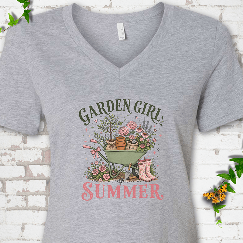 Garden Girl Summer Wheelbarrow V-Neck T-Shirt