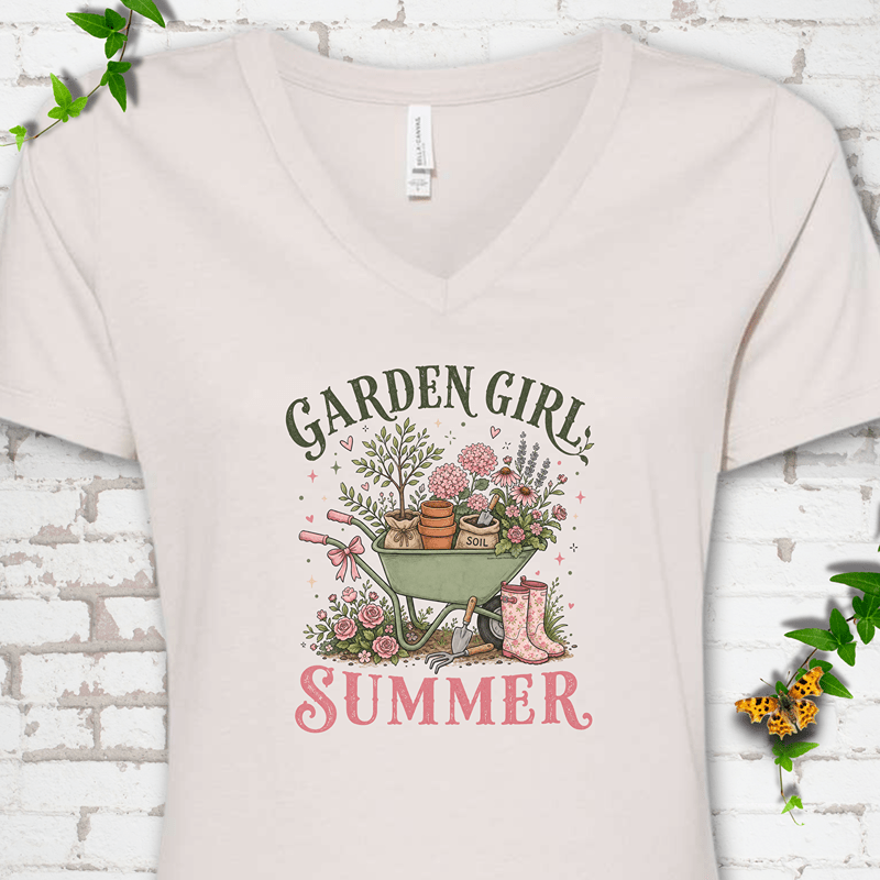 Garden Girl Summer Wheelbarrow V-Neck T-Shirt