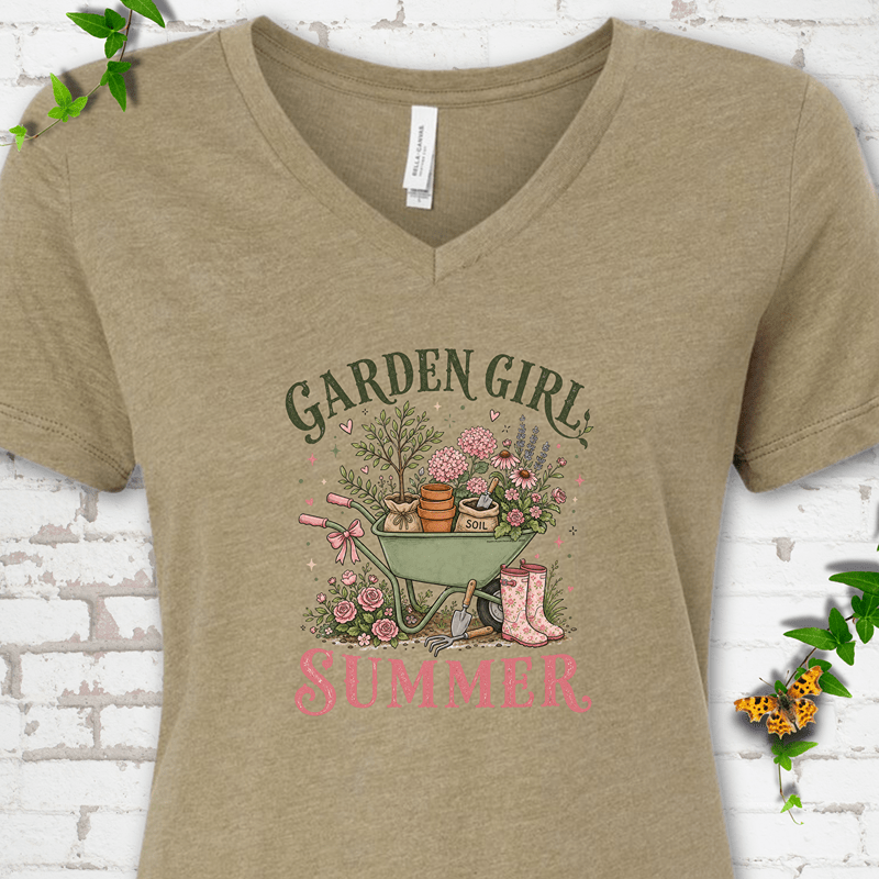 Garden Girl Summer Wheelbarrow V-Neck T-Shirt