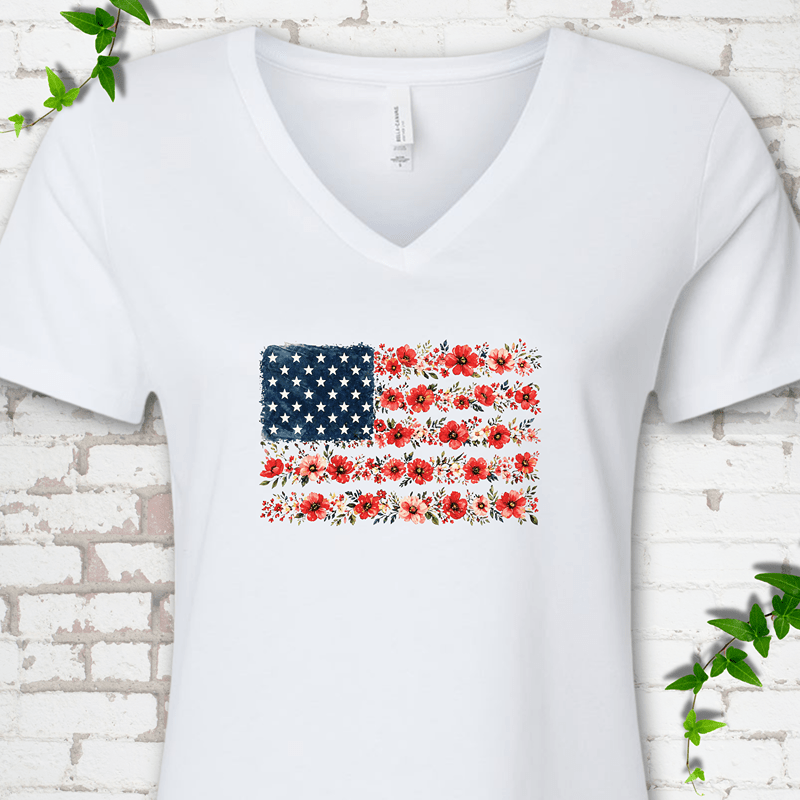 Patriotic Floral Flag V-Neck T-Shirt