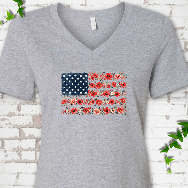Patriotic Floral Flag V-Neck T-Shirt