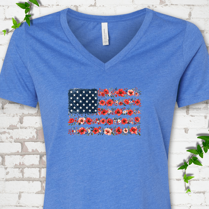 Patriotic Floral Flag V-Neck T-Shirt