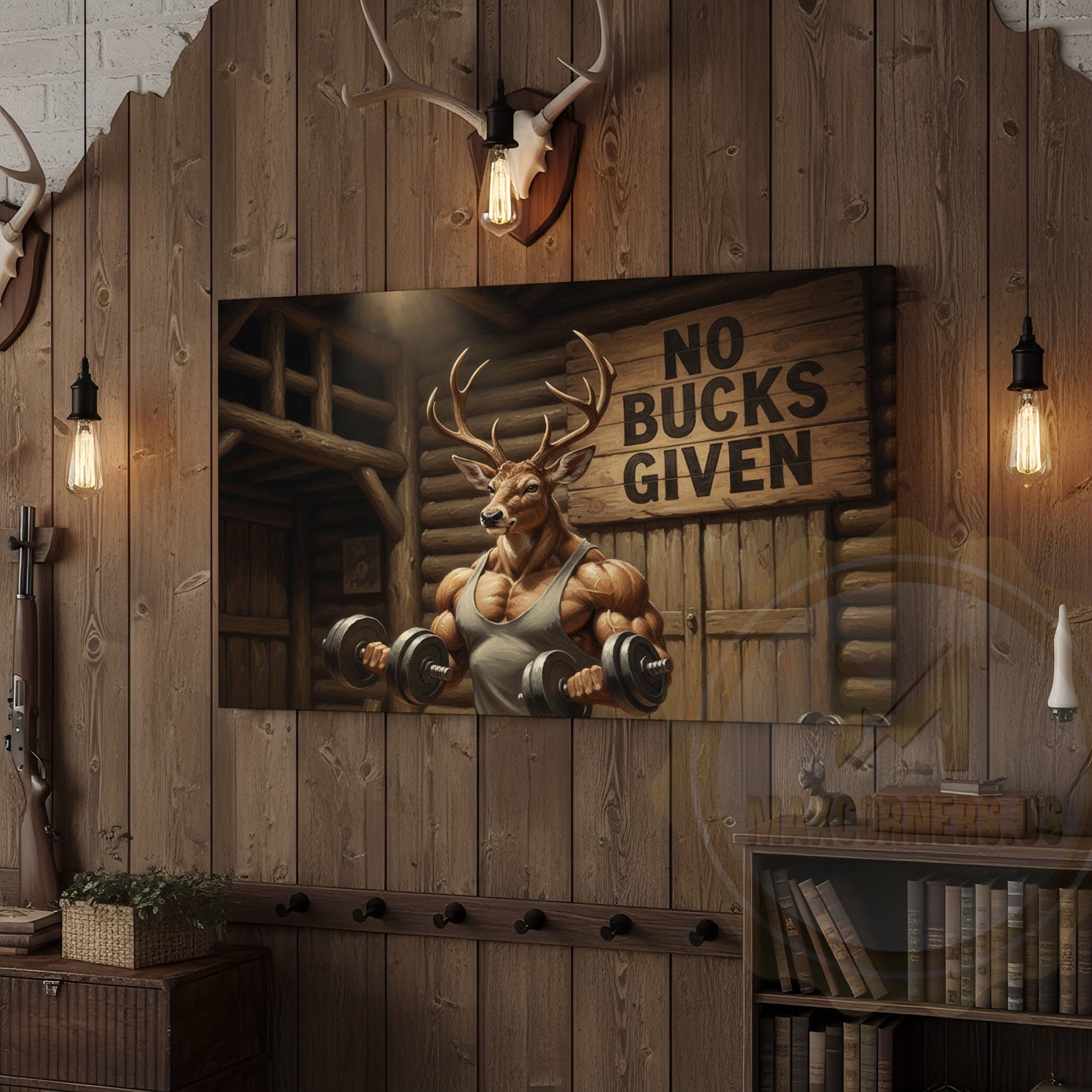 Muscular Deer Lifting Dumbbells “No Bucks Given” Gym Cabin Wrapped Canvas