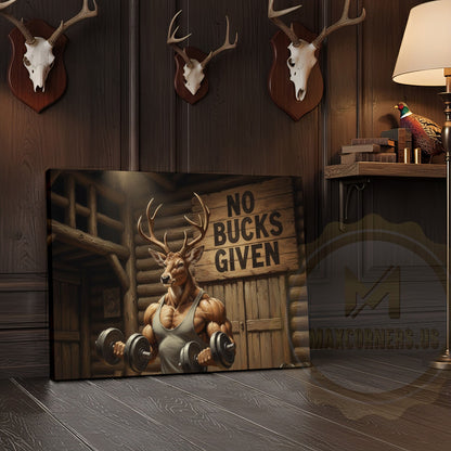 Muscular Deer Lifting Dumbbells “No Bucks Given” Gym Cabin Wrapped Canvas