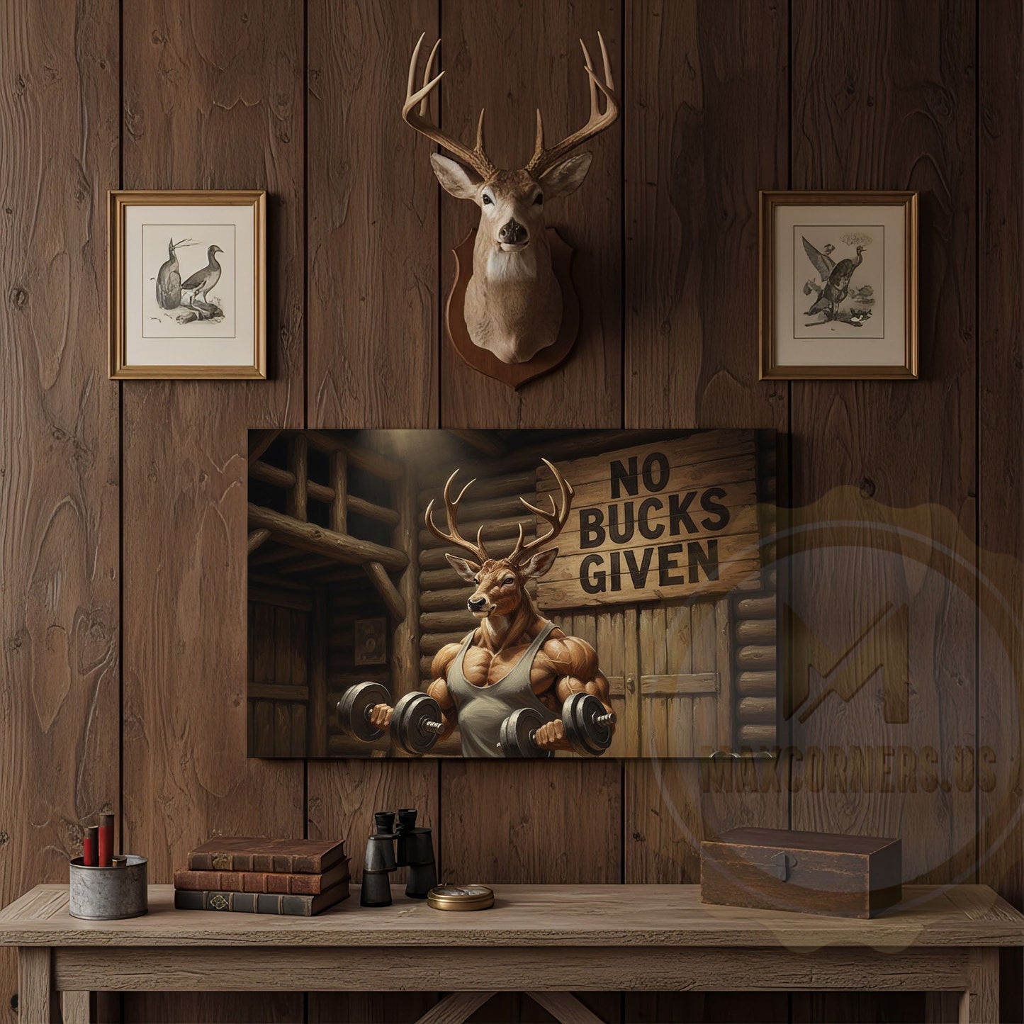 Muscular Deer Lifting Dumbbells “No Bucks Given” Gym Cabin Wrapped Canvas