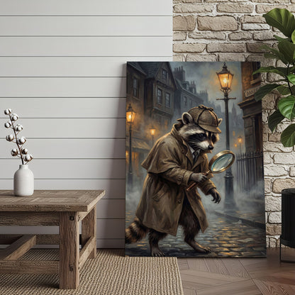 Detective Raccoon with Magnifying Glass Victorian Street Canvas Wall Art