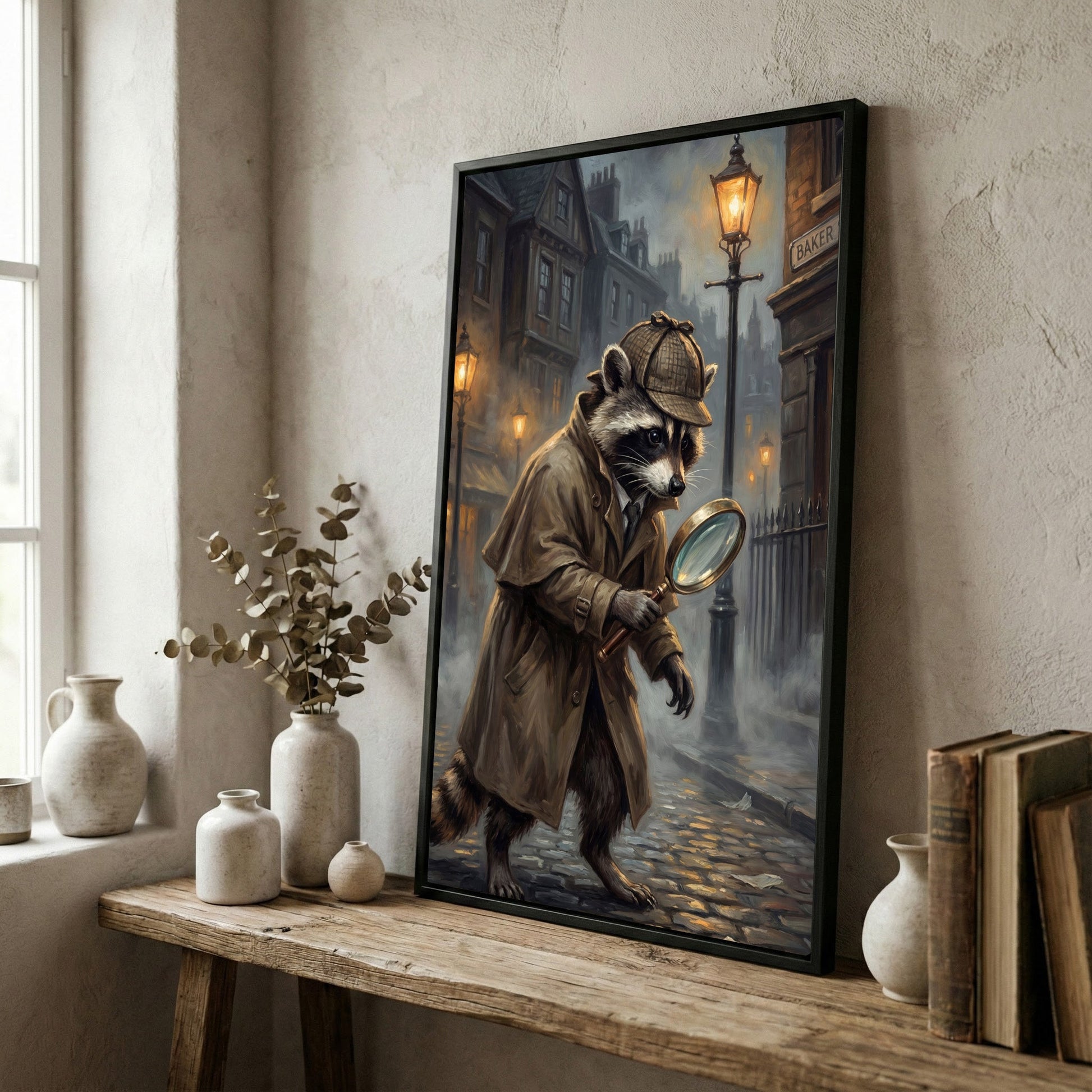 Detective Raccoon with Magnifying Glass Victorian Street Canvas Wall Art