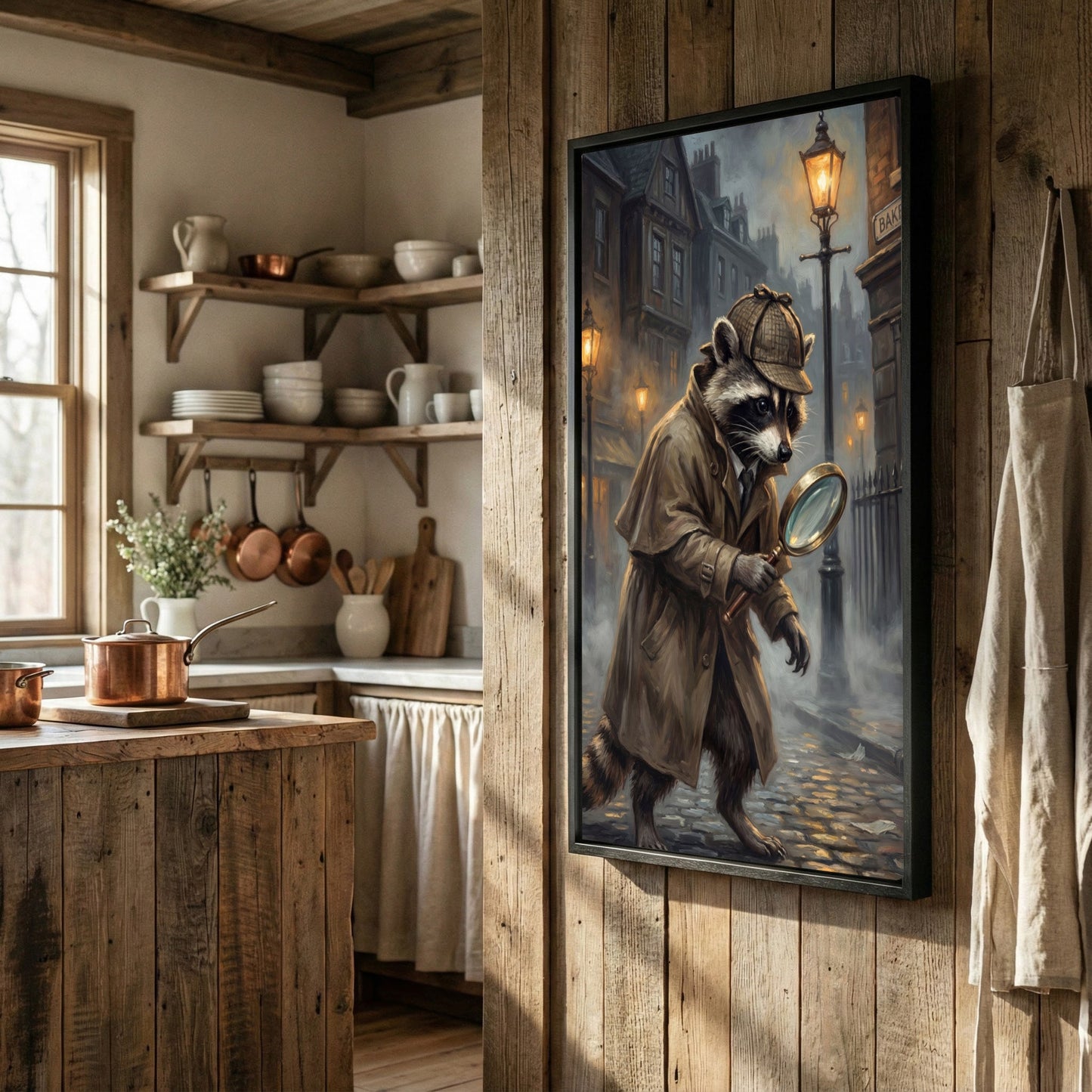 Detective Raccoon with Magnifying Glass Victorian Street Canvas Wall Art