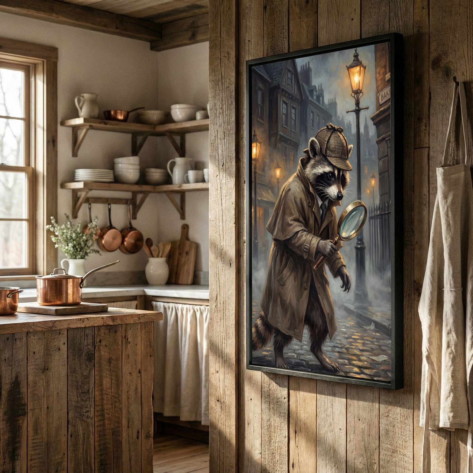 Detective Raccoon with Magnifying Glass Victorian Street Canvas Wall Art