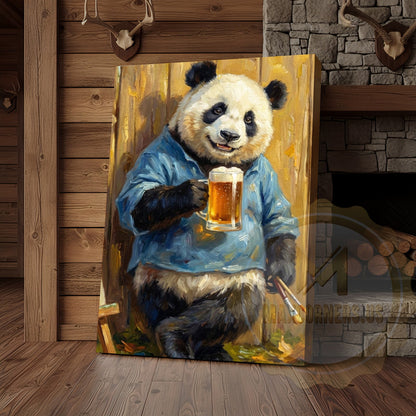 Panda Beer Canvas Wall Art - Funny Animal Pub Decor Print