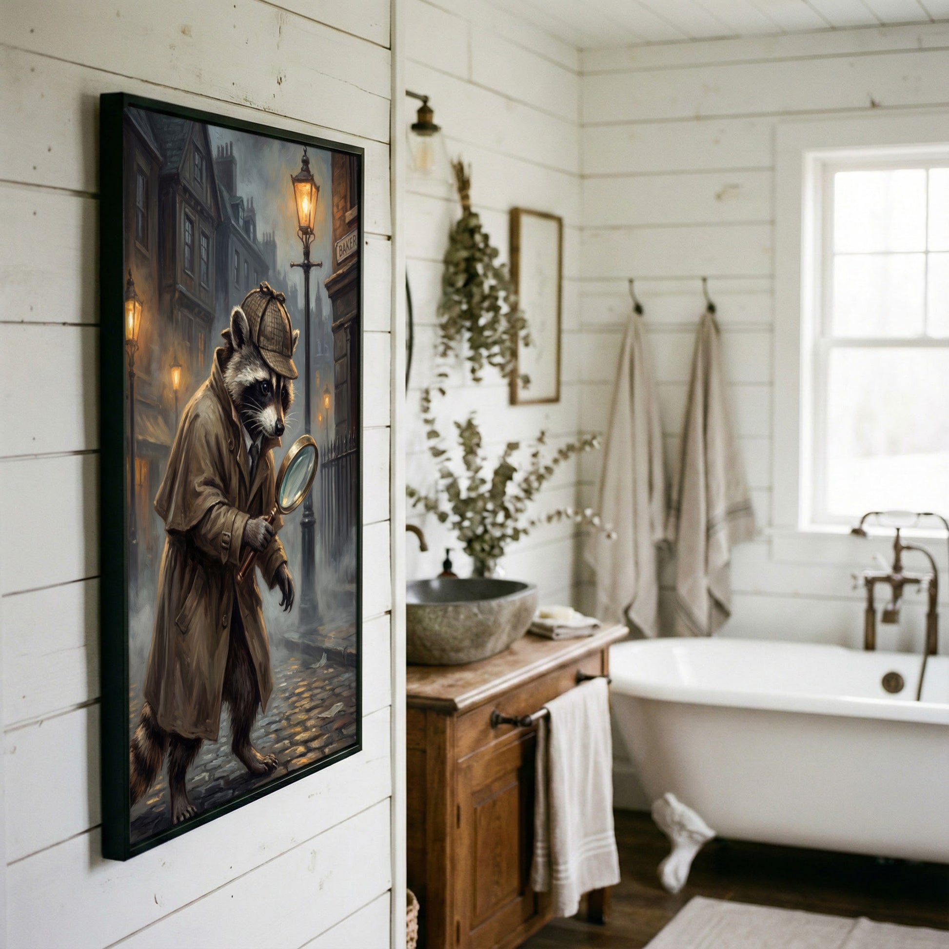Detective Raccoon with Magnifying Glass Victorian Street Canvas Wall Art