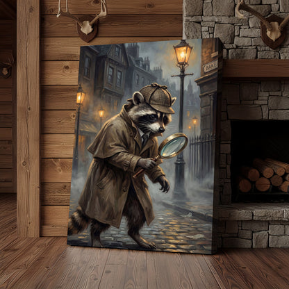 Detective Raccoon with Magnifying Glass Victorian Street Canvas Wall Art