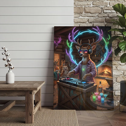Deer DJ Party in Cabin Bar with Neon Antlers and Colorful Lights Wrapped Canvas Wall Art