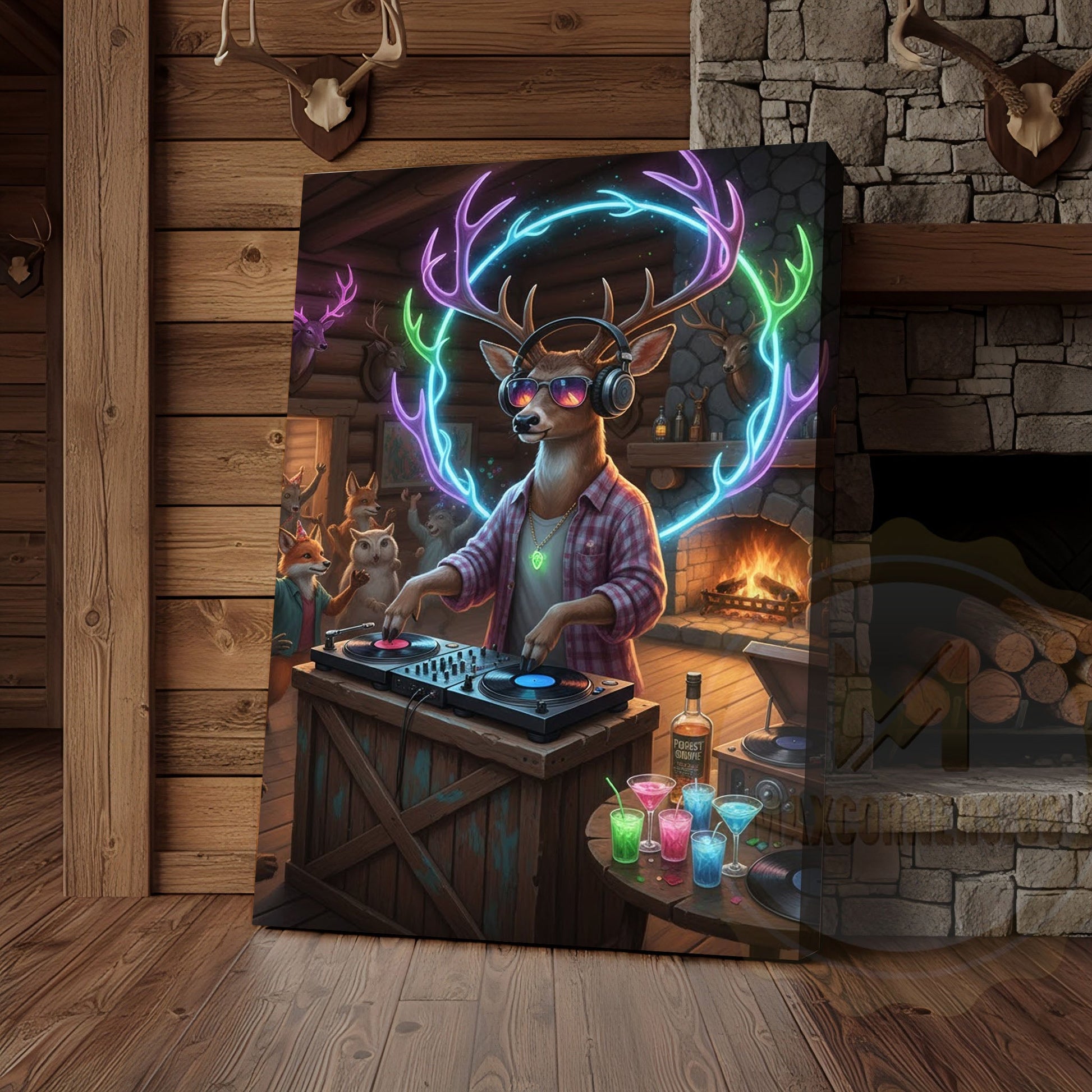 Deer DJ Party in Cabin Bar with Neon Antlers and Colorful Lights Wrapped Canvas Wall Art