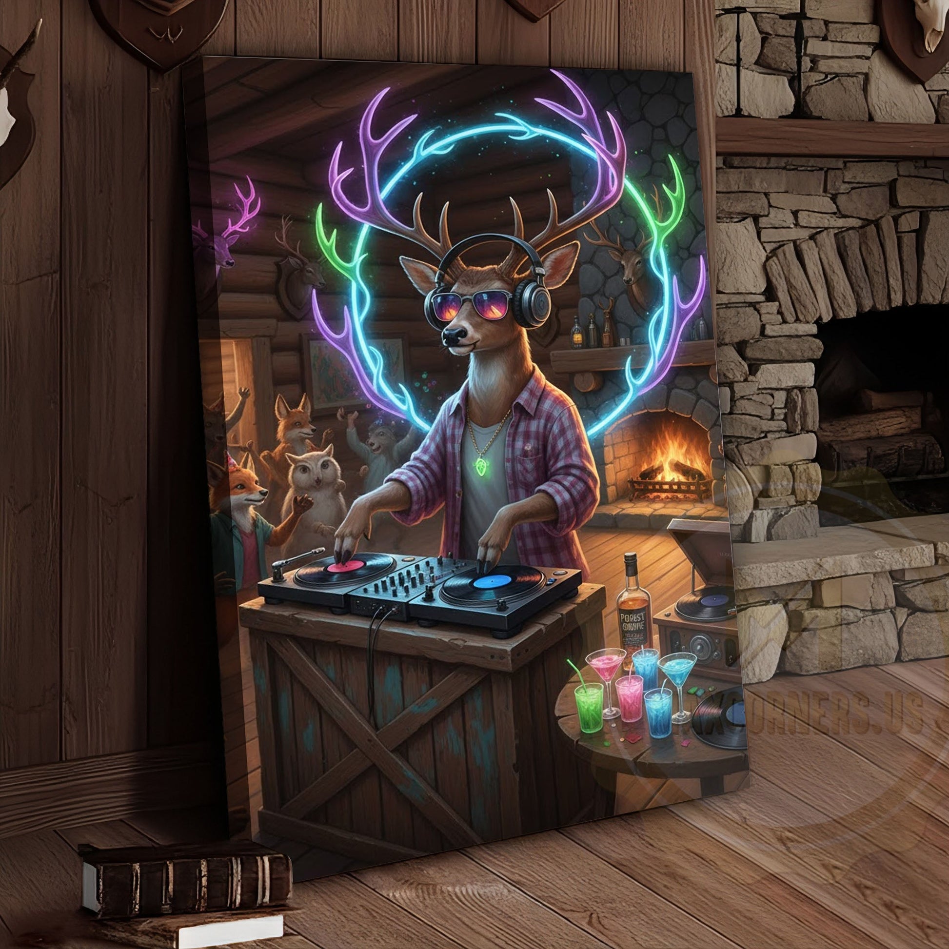 Deer DJ Party in Cabin Bar with Neon Antlers and Colorful Lights Wrapped Canvas Wall Art
