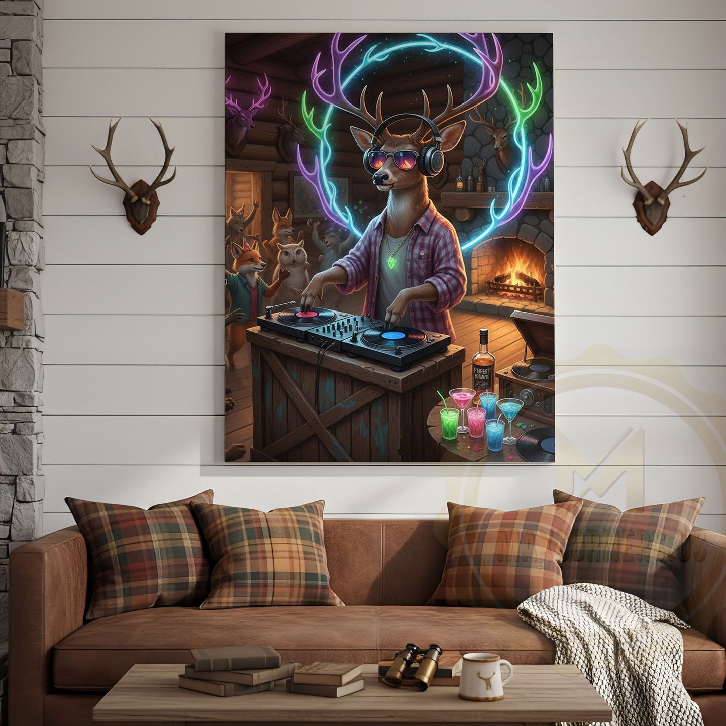Deer DJ Party in Cabin Bar with Neon Antlers and Colorful Lights Wrapped Canvas Wall Art