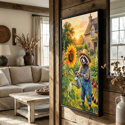 Raccoon Watering Sunflower in Cozy Cottage Garden Farmhouse Canvas Wall Art