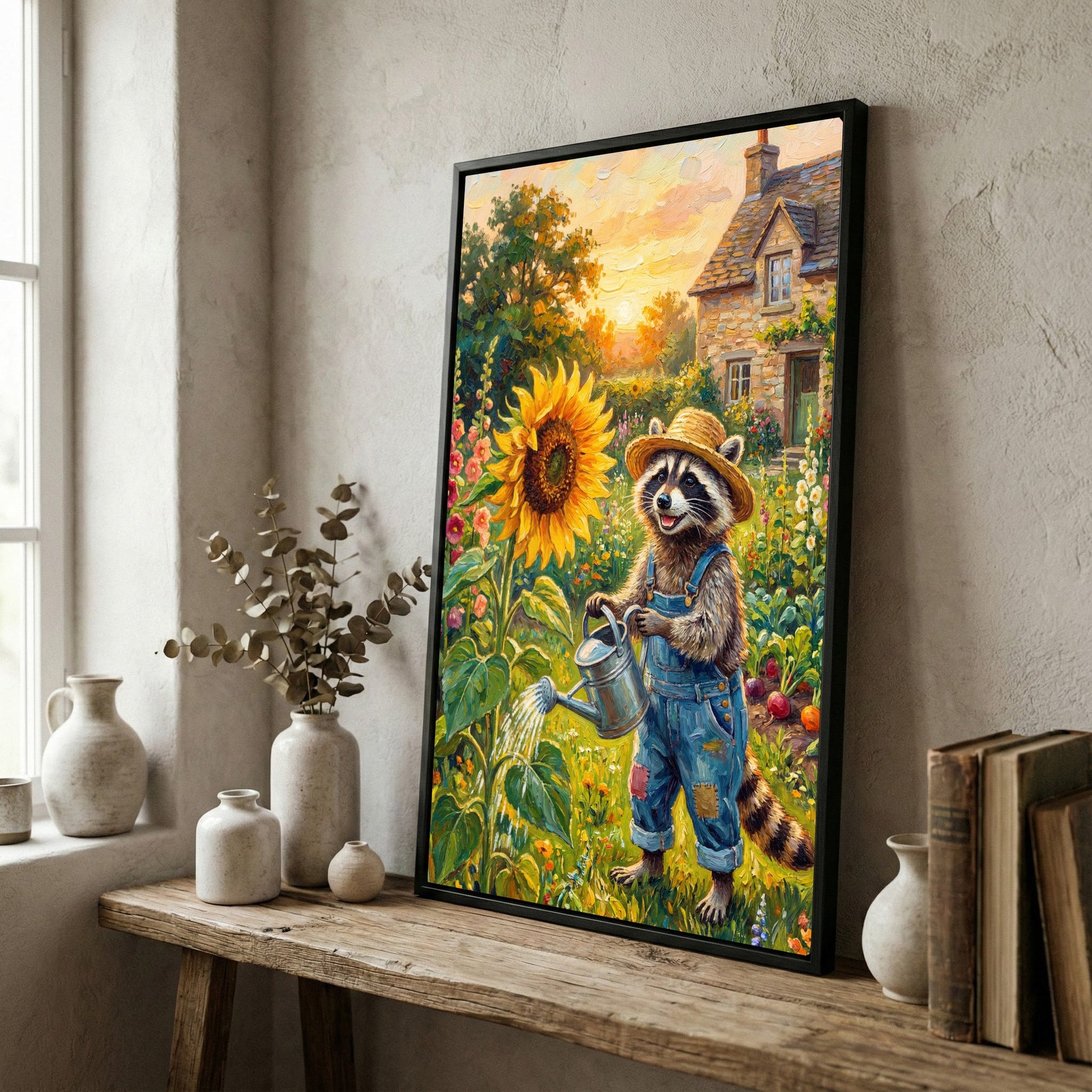 Raccoon Watering Sunflower in Cozy Cottage Garden Farmhouse Canvas Wall Art