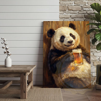 Funny Panda Canvas Wall Art - Beer Drinking Panda Humor Print