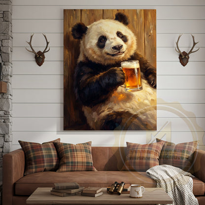 Funny Panda Canvas Wall Art - Beer Drinking Panda Humor Print