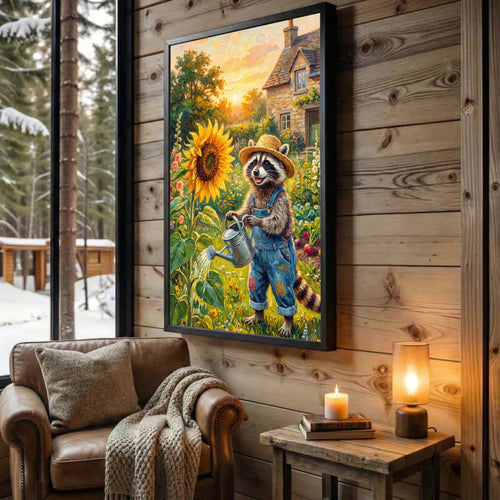 Raccoon Watering Sunflower in Cozy Cottage Garden Farmhouse Canvas Wall Art
