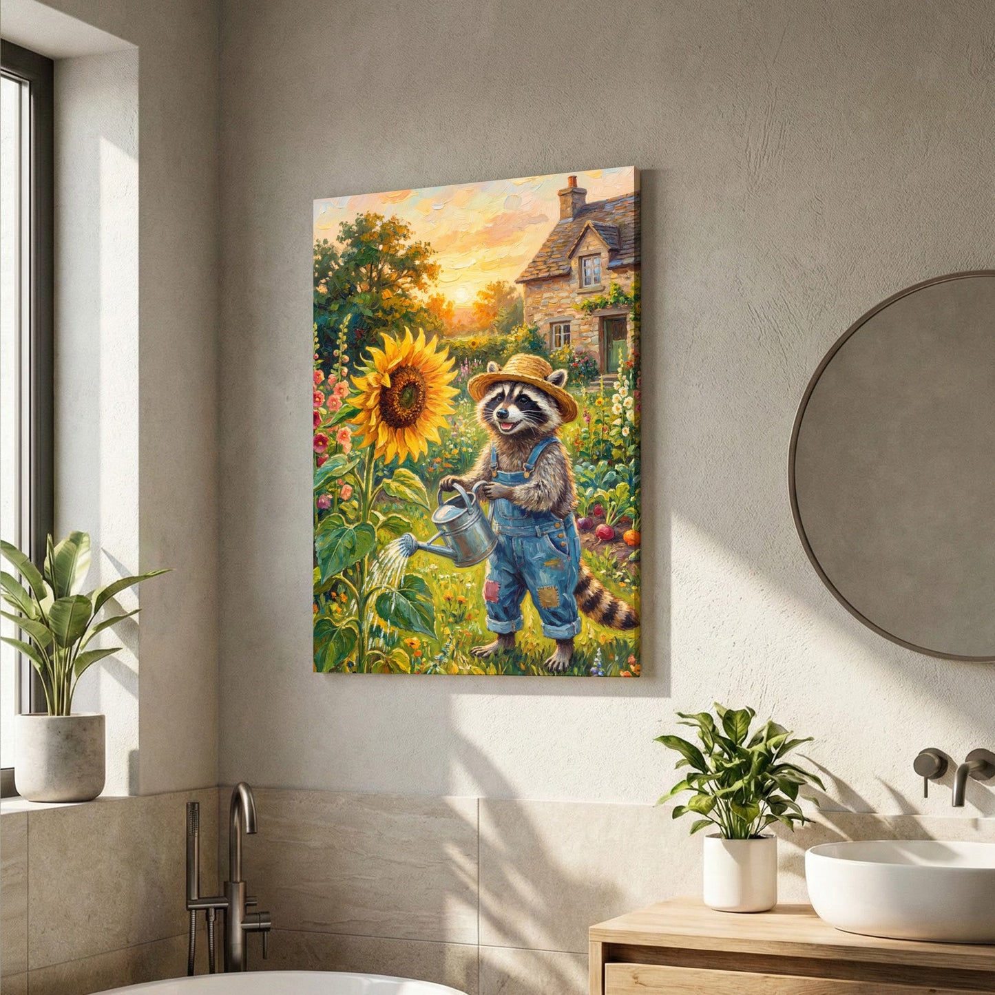Raccoon Watering Sunflower in Cozy Cottage Garden Farmhouse Canvas Wall Art