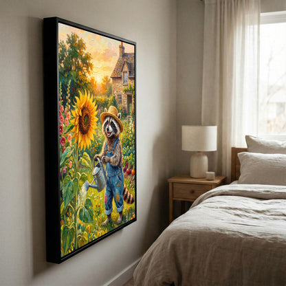 Raccoon Watering Sunflower in Cozy Cottage Garden Farmhouse Canvas Wall Art