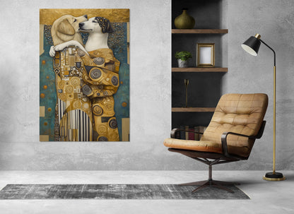 Dogs Kiss Canvas Print – Gustav Klimt Style Art | Funny Dogs Wall Art, Ready to Hang